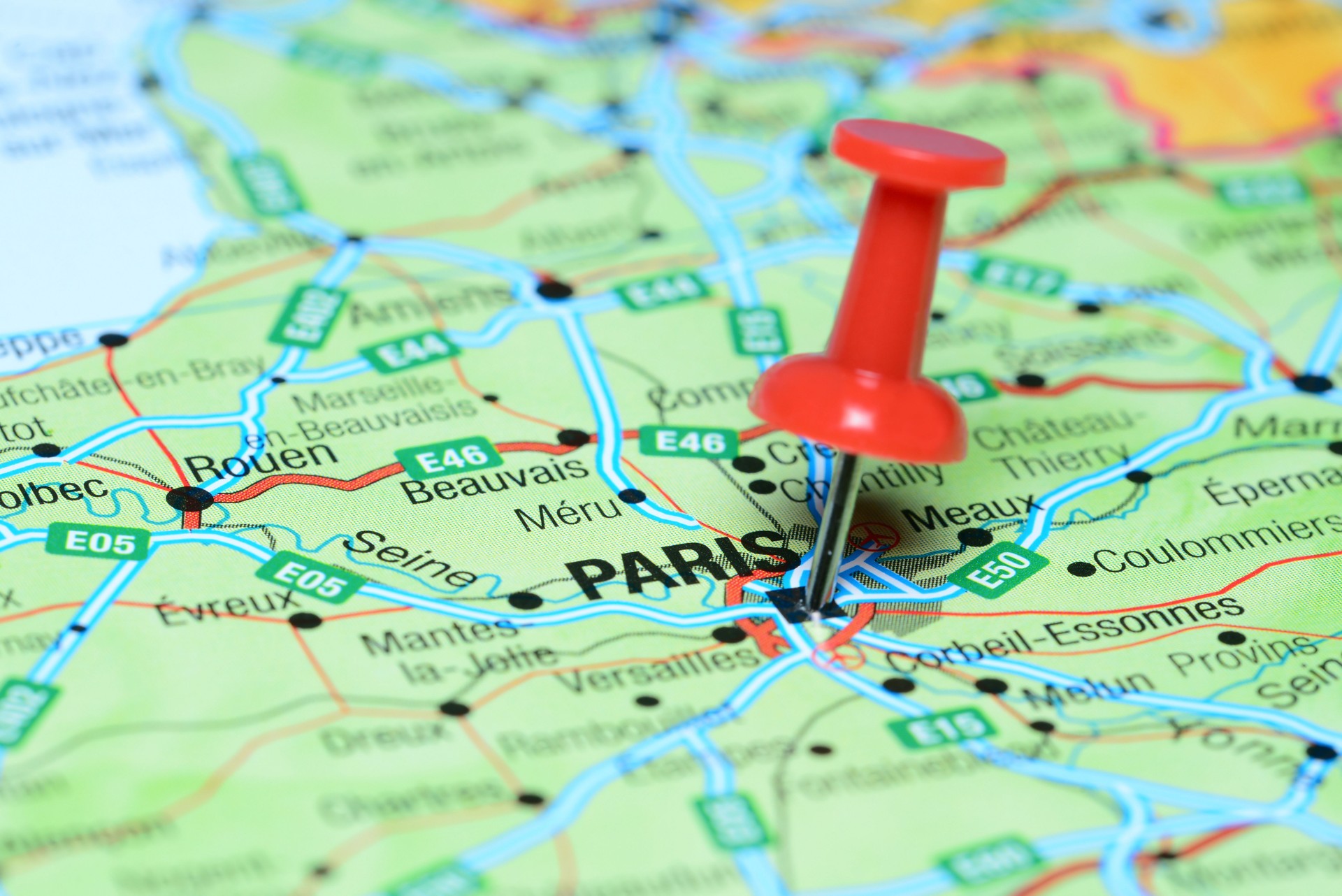 Paris pinned on a map of europe